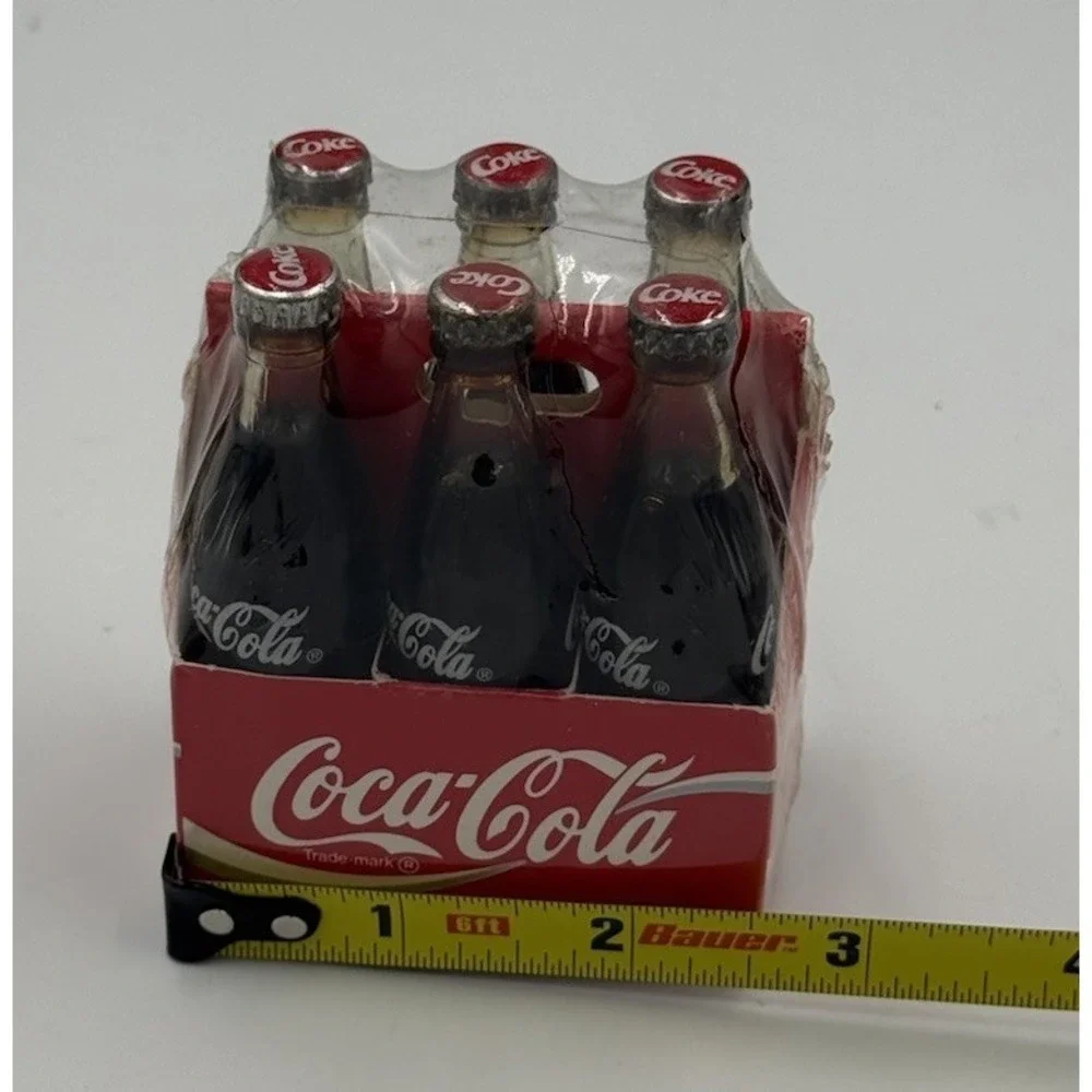 Vintage Miniature Six Pack of Glass Coca Cola Bottles In Paper Carrier Sealed